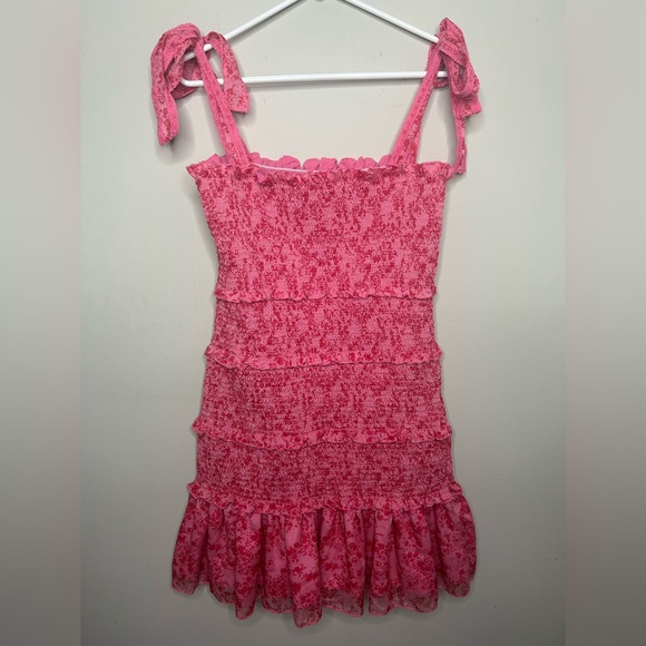 Square Neck Ruffle Bow Shoulder Tiered Slim Fit Smocked Short Mini Dress Pink M - Picture 4 of 10
